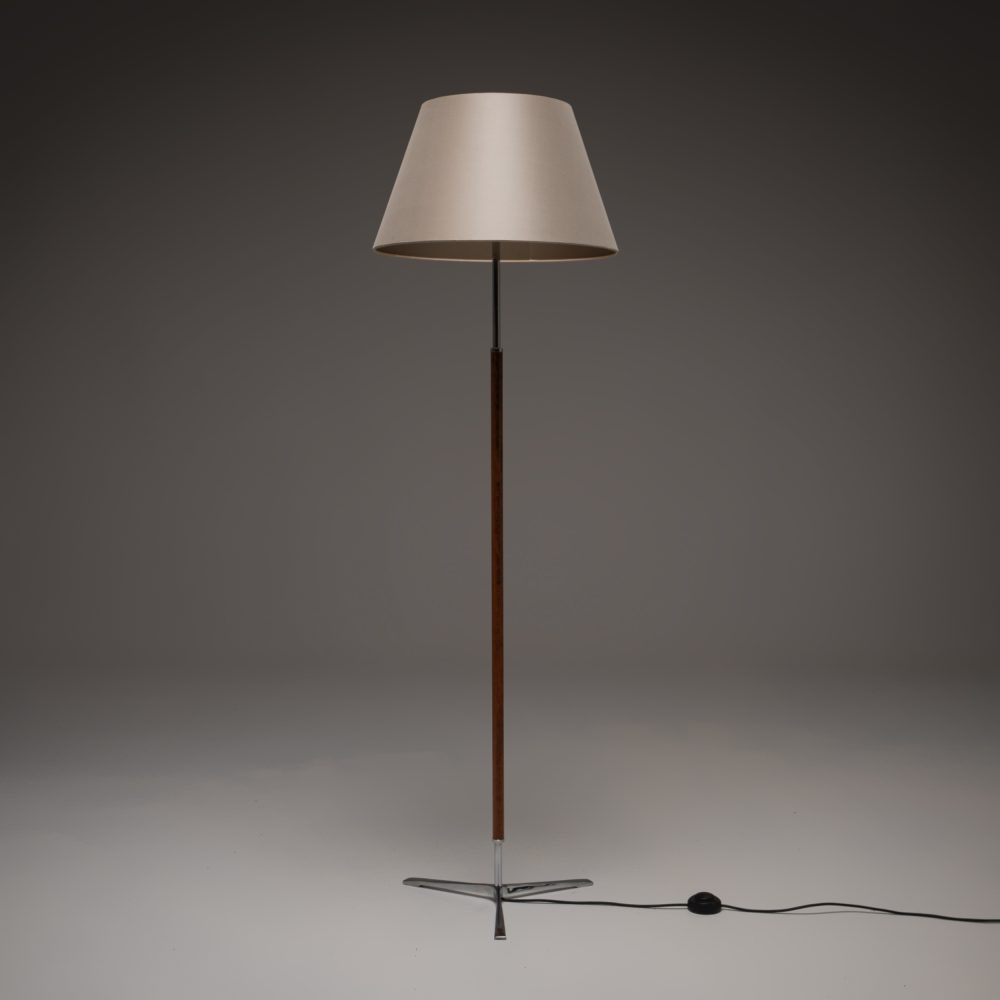 Chrome and Teak Floor Lamp with Silk Shade
