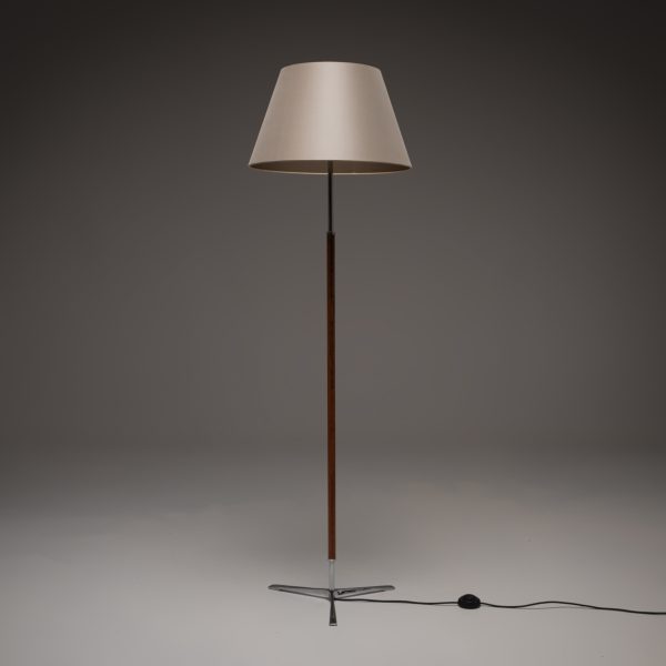 Chrome and Teak Floor Lamp with Silk Shade