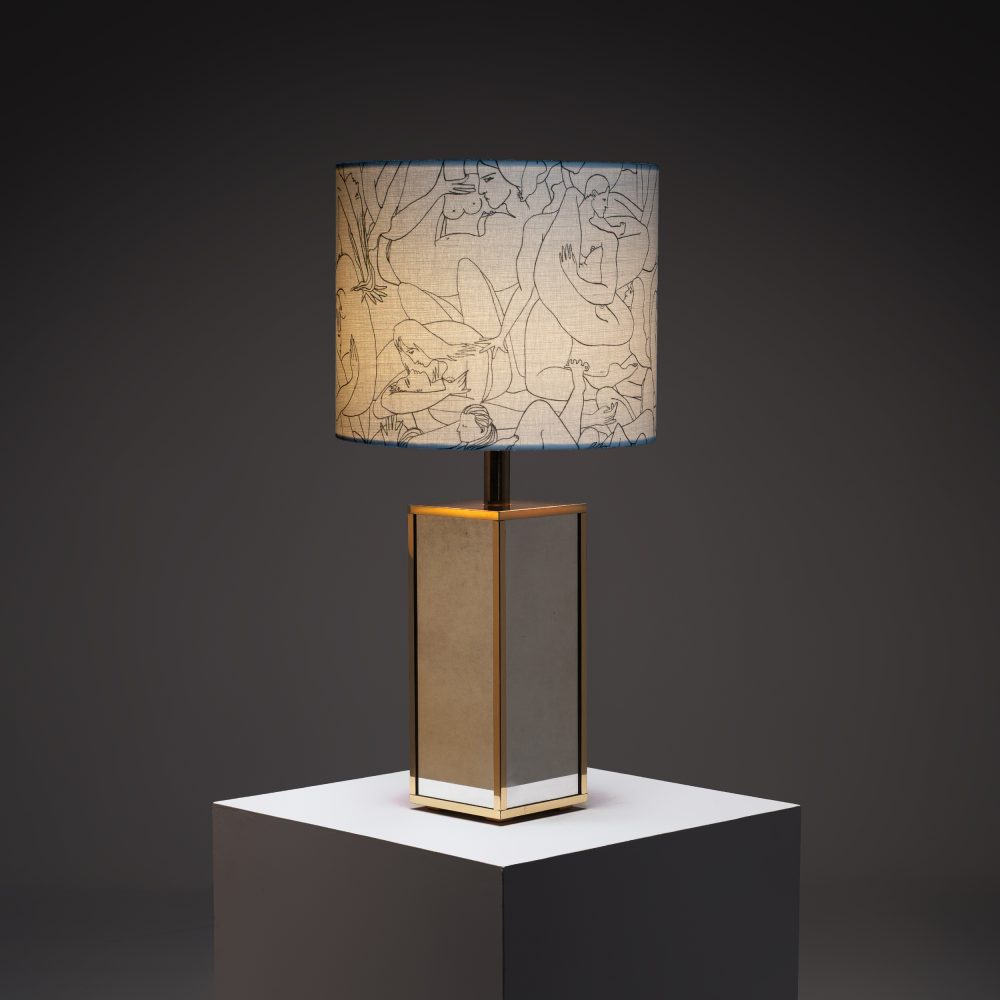 1980s Mirrored Table Lamp with Pierre Frey Fabric Shade