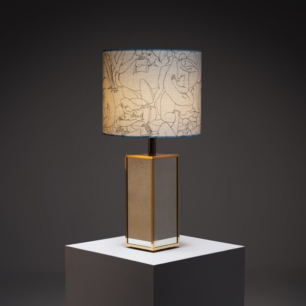 1980s Mirrored Table Lamp with Pierre Frey Fabric Shade