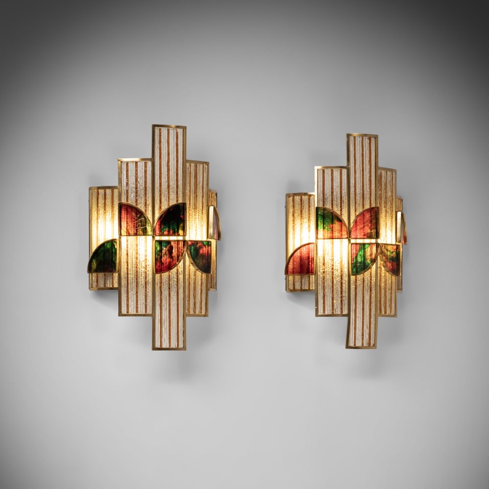 Large Colored Glass and Brass Wall Lamp, Set of 2