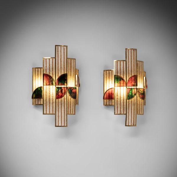 Large Colored Glass and Brass Wall Lamp, Set of 2