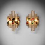 Large Colored Glass and Brass Wall Lamp, Set of 2