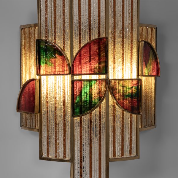Large Colored Glass and Brass Wall Lamp, Set of 2
