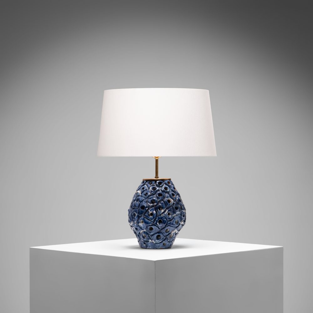 Perforated Blue and White Glazed Stoneware Table Lamp