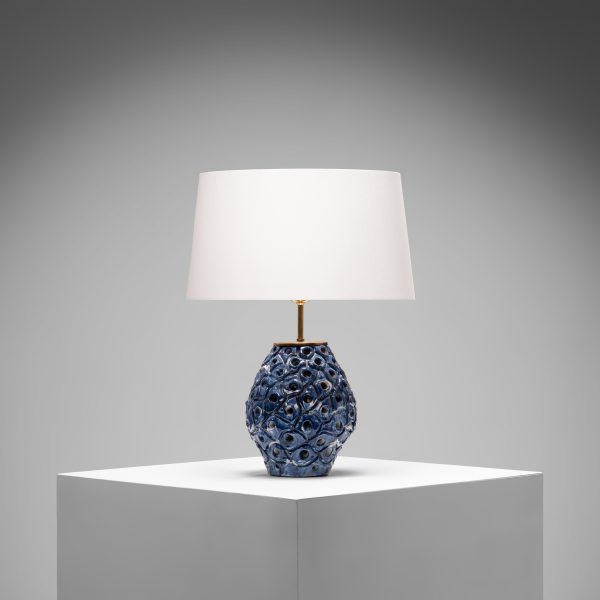 Perforated Blue and White Glazed Stoneware Table Lamp